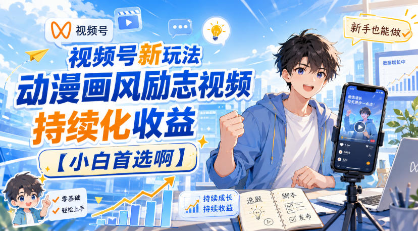 视频号新玩法动漫画风励志视频，持续化收益【小白首选啊】-禾谷轻创网