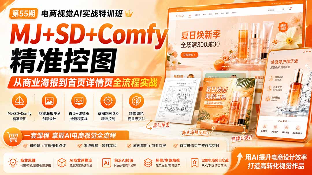 电商视觉 AI实战训练营第55期：MJ+SD+Comfy精准控图，从商业海报到首页详情页全流程实战-禾谷轻创网