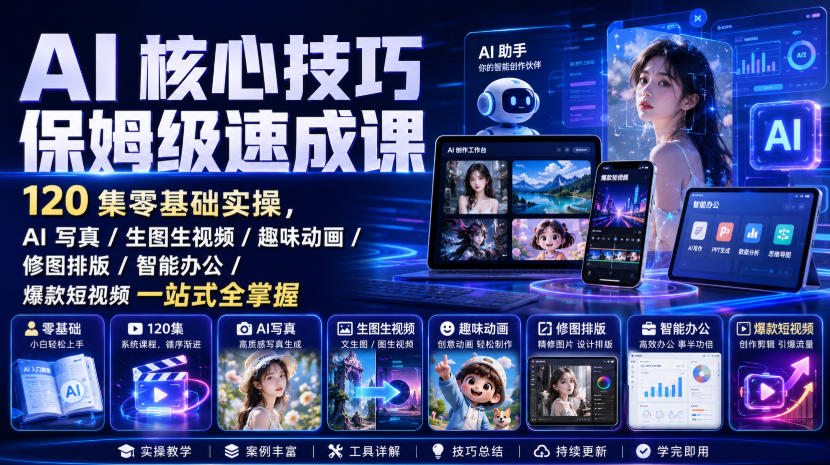 AI核心技巧保姆级速成课｜120集零基础实操，AI写真/生图生视频/趣味动画/修图排版/智能办公/爆款短视频一站式全掌握(更新)-禾谷轻创网