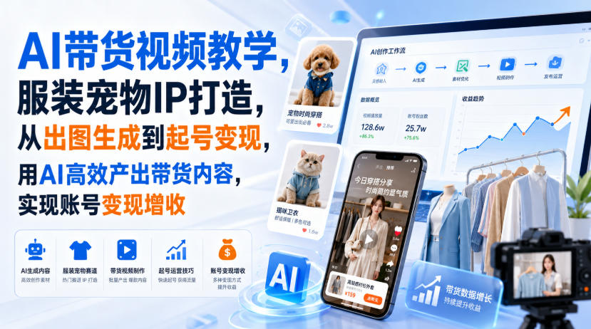 AI带货视频教学，服装宠物IP打造，从出图生成到起号变现，用AI高效产出带货内容，实现账号变现增收-禾谷轻创网