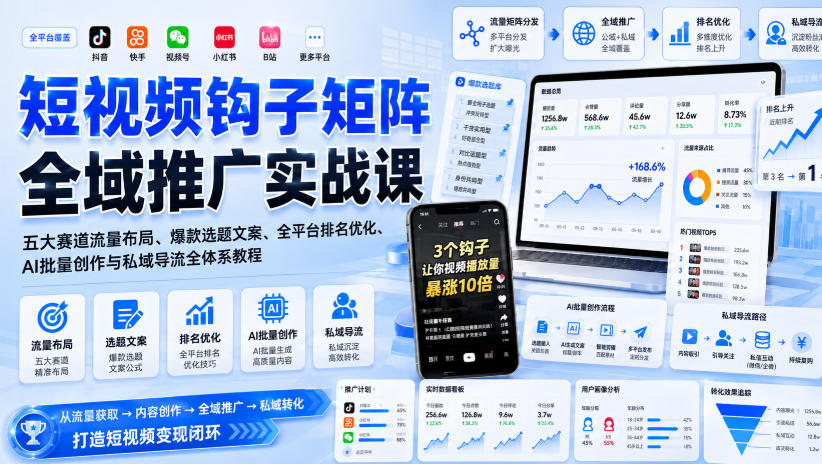 短视频钩子矩阵全域推广实战课｜五大赛道流量布局、爆款选题文案、全平台排名优化、AI批量创作与私域导流全体系教程-禾谷轻创网