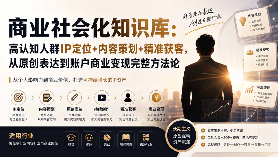 商业社会化知识库：高认知人群IP定位+内容策划+精准获客，从原创表达到账户商业变现完整方法论-禾谷轻创网