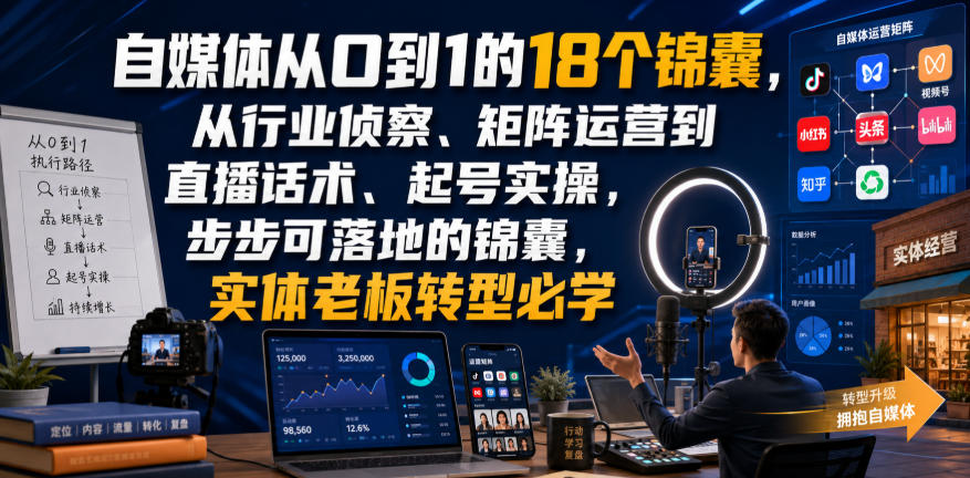 自媒体从0到1的18个锦囊，从行业侦察、矩阵运营到直播话术、起号实操，步步可落地的锦囊，实体老板转型必学-禾谷轻创网