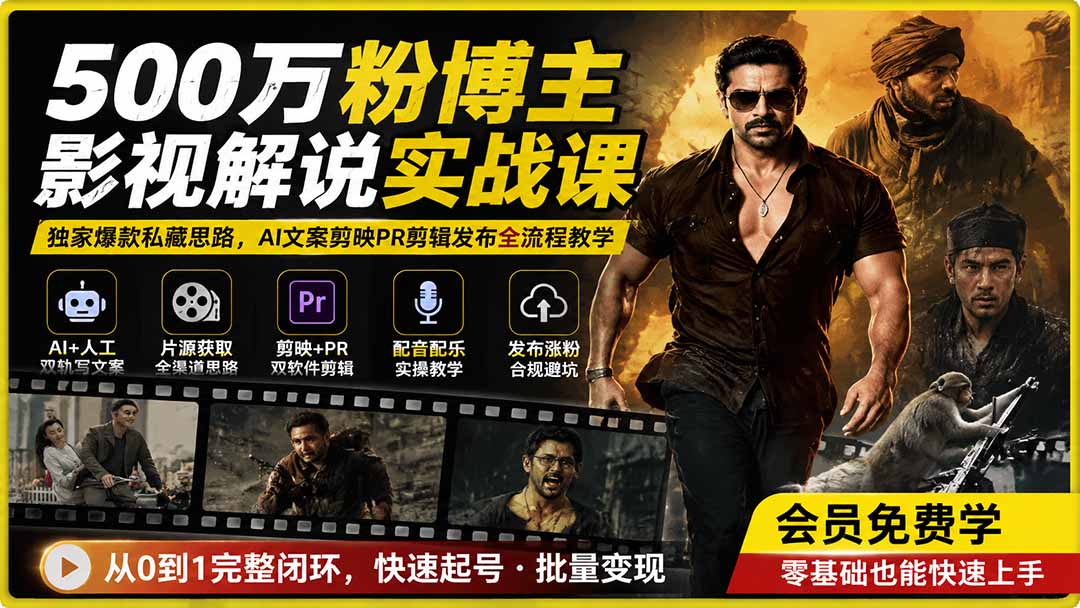 500万粉博主影视解说实战课｜独家爆款私藏思路，AI文案剪映PR剪辑发布全流程教学-禾谷轻创网