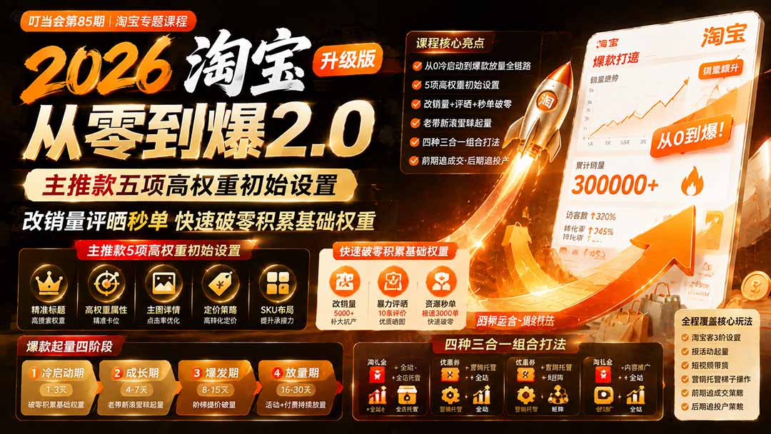 2026淘宝从零到爆2.0第85期；主推款五项高权重初始设置，改销量评晒秒单快速破零积累基础权重-禾谷轻创网