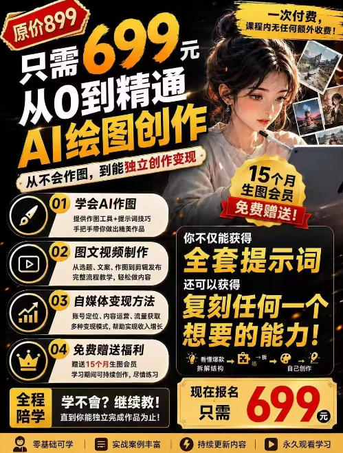 抖音10W粉丝博主的AI绘图教学，从0到精通AI绘图创作，从不会作图到能独立创作变现-禾谷轻创网