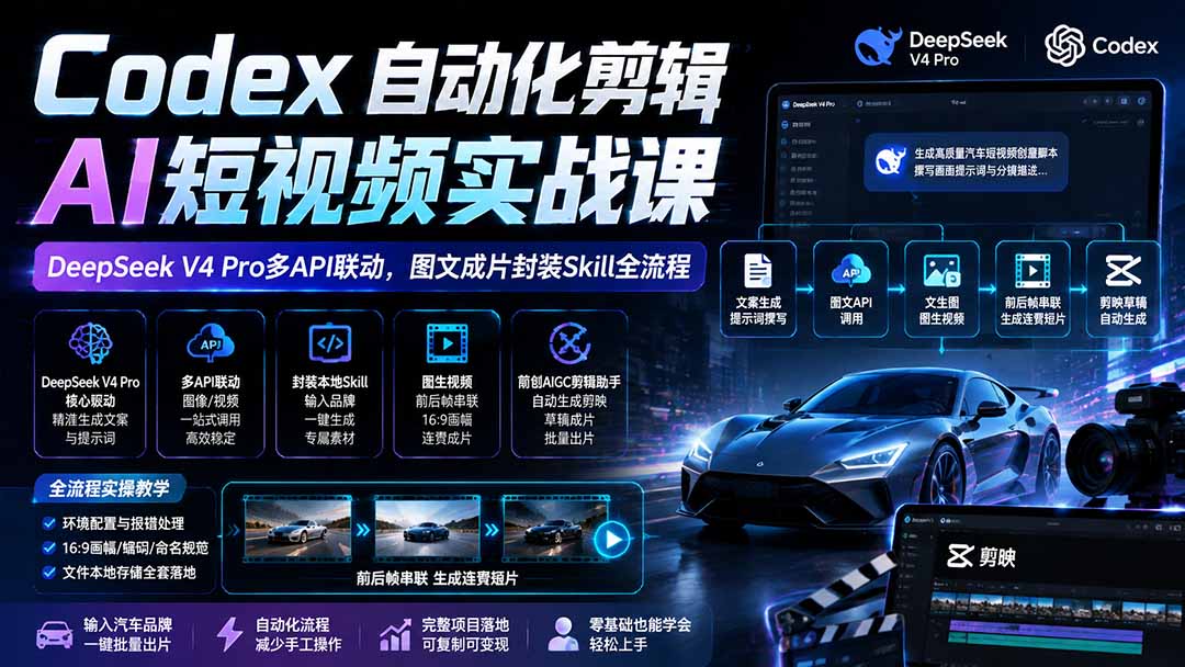 Codex自动化剪辑AI短视频实战课｜DeepSeek V4 Pro多API联动，图文成片封装Skill全流程-禾谷轻创网