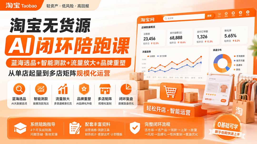 淘宝无货源AI闭环陪跑课：蓝海选品+智能测款+流量放大+品牌重塑，从单店起量到多店矩阵规模化运营-禾谷轻创网