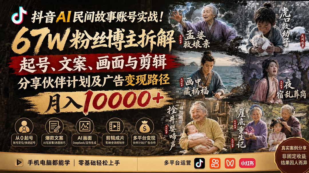 抖音AI民间故事账号实战！67W粉丝博主拆解起号、文案、画面与剪辑，分享伙伴计划及广告变现路径，月入10000+-禾谷轻创网