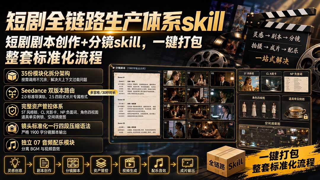 短剧全链路生产体系skill，短剧剧本创作+分镜skill，一键打包，整套标准化流程-禾谷轻创网