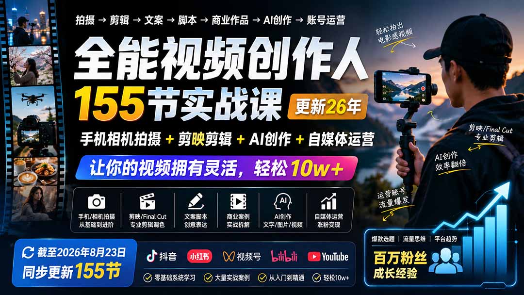 全能视频创作人155节实战课-更新26年8月：手机相机拍摄+剪映剪辑+AI创作+自媒体运营，让你的视频拥有灵活，轻松10w-禾谷轻创网