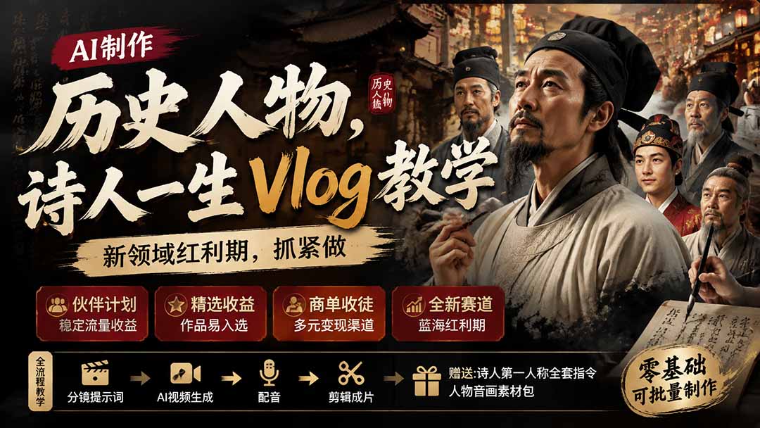 历史人物，诗人一生Vlog教学， AI制作丨伙伴计划丨精选收益丨商单收徒 ，新领域红利期，抓紧做-禾谷轻创网