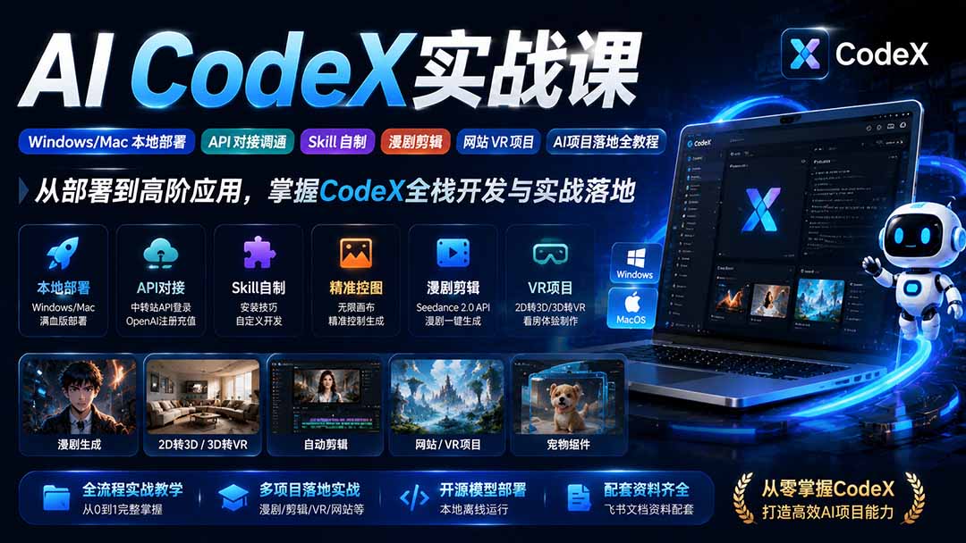 AI  CodeX实战课｜Windows/Mac 本地部署｜API 对接调通｜Skill 自制｜漫剧剪辑｜网站 VR 项目｜AI项目落地全教程-禾谷轻创网