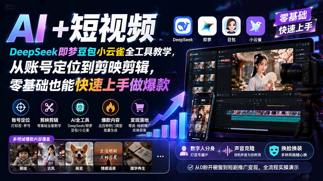 AI+短视频｜DeepSeek即梦豆包小云雀全工具教学，从账号定位到剪映剪辑，零基础也能快速上手做爆款-禾谷轻创网