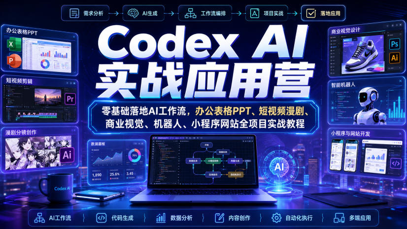 Codex AI实战应用营|零基础落地AI工作流,办公表格PPT、短视频漫剧、商业视觉、机器人、小程序网站全项目实战教程-禾谷轻创网