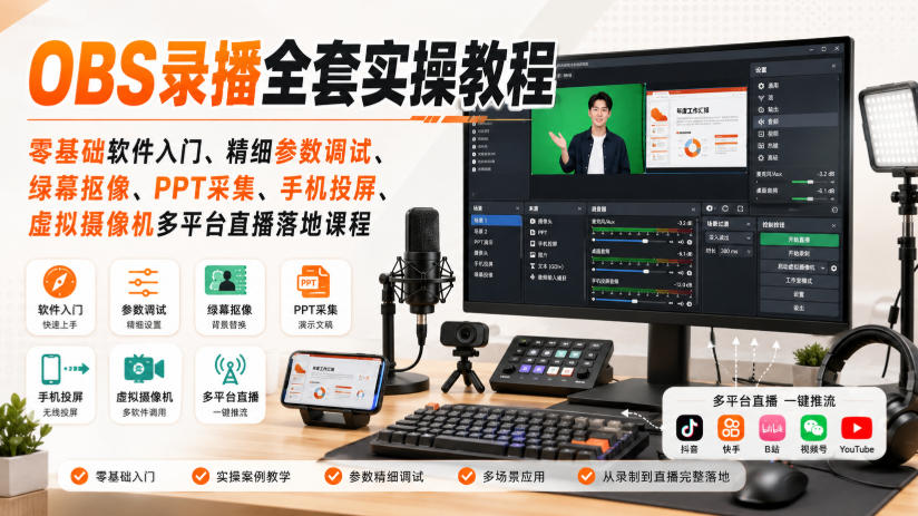 OBS录播全套实操教程｜零基础软件入门、精细参数调试、绿幕抠像、手机投屏、虚拟摄像机多平台直播落地课程-禾谷轻创网