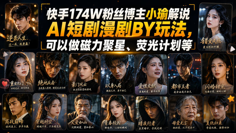 快手174W粉丝博主小瑜解说AI短剧漫剧搬运玩法，可以做磁力聚星、荧光计划等-禾谷轻创网