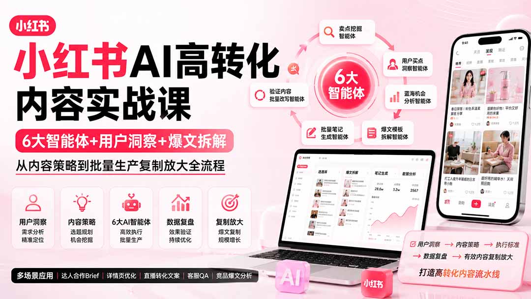 小红书AI高转化内容实战课：6大智能体+用户洞察+爆文拆解，从内容策略到批量生产复制放大全流程-禾谷轻创网
