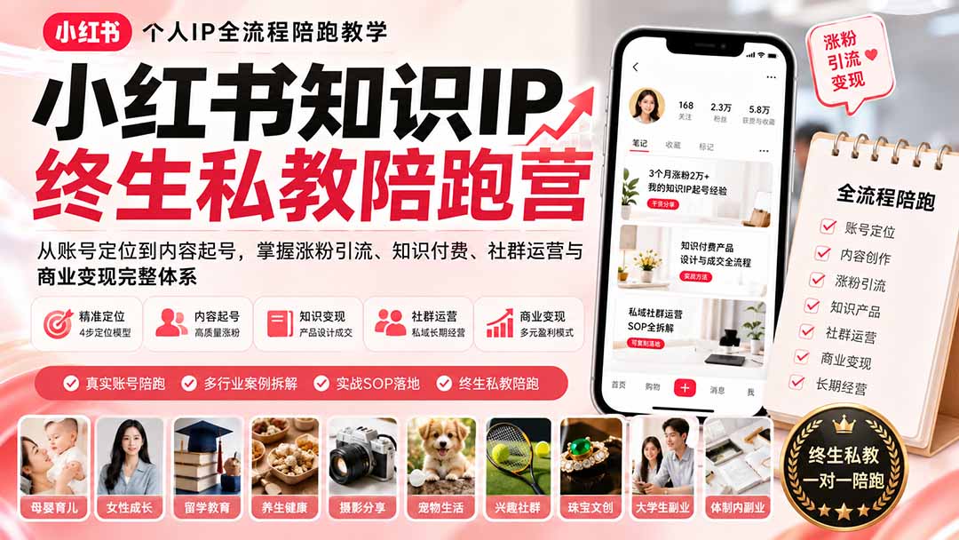 小红书知识IP终生私教陪跑营：从账号定位到内容起号，掌握涨粉引流、知识付费、社群运营与商业变现完整体系-禾谷轻创网