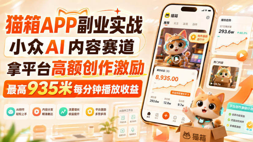 猫箱APP副业实战，小众AI内容赛道，拿平台高额创作激励，最高935米每分钟播放收益-禾谷轻创网