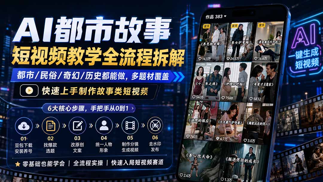 AI都市故事短视频教学全流程拆解；都市/民俗/奇幻/历史都能做多题材覆盖，快速上手制作故事类短视频-禾谷轻创网