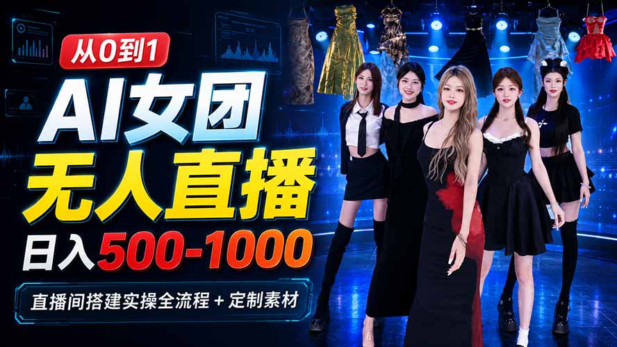AI 女团无人直播，躺入500-1000每天，直播间搭建实操全流程+定制素材-禾谷轻创网