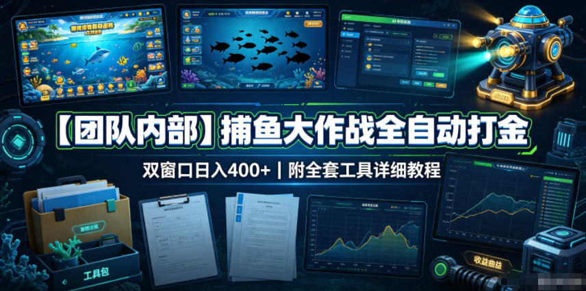 【团队内部】捕鱼大作战全自动打金，双窗口日入400+，附全套工具详细教程【揭秘】-禾谷轻创网
