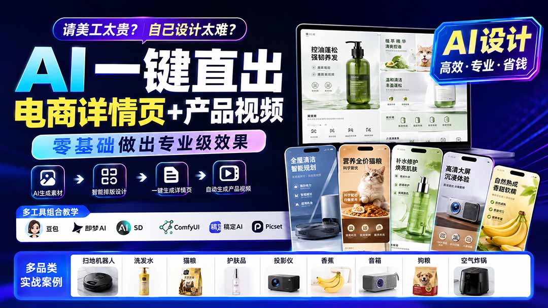 请美工太贵？自己设计太难？AI一键直出电商详情页+产品视频，零基础做出专业级效果 (更新0820-禾谷轻创网