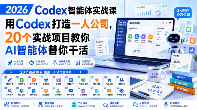 2026 Codex智能体实战课，用Codex打造一人公司，20个实战项目教你AI智能体替你干活-禾谷轻创网