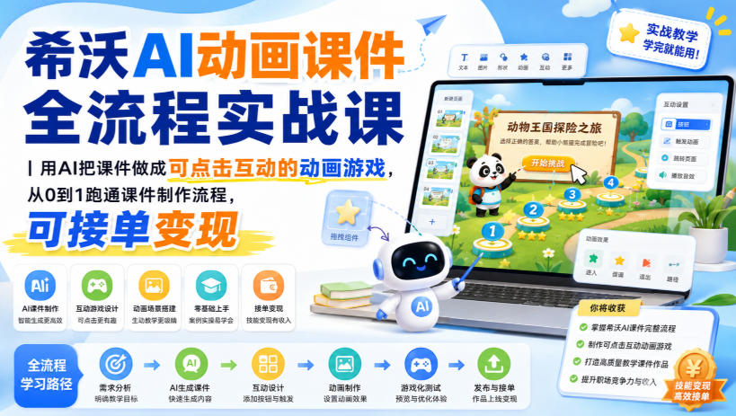 希沃AI动画课件全流程实战课|用AI把课件做成可点击互动的动画游戏,从0到1跑通课件制作流程,可接单变现-禾谷轻创网