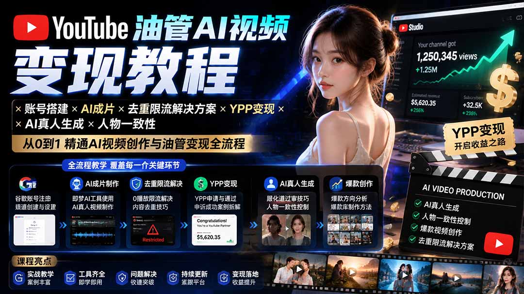 YouTube油管AI视频变现教程：账号搭建×AI成片×去重限流解决方案×YPP变现×AI真人生成×人物一致性-禾谷轻创网
