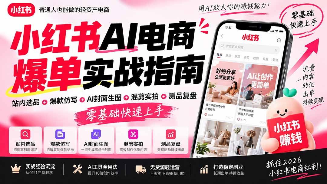 2026小红书AI电商爆单实战指南：站内选品+爆款仿写+AI封面生图+混剪实拍+测品复盘，零基础快速上手-禾谷轻创网