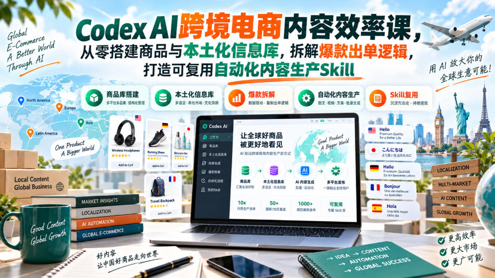 Codex AI跨境电商内容效率课，从零搭建商品与本土化信息库，拆解爆款出单逻辑，打造可复用自动化内容生产Skill-禾谷轻创网