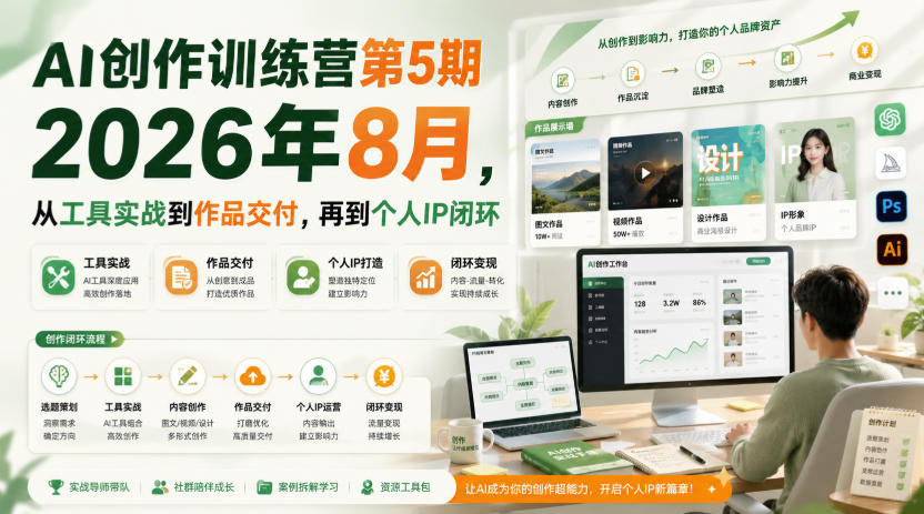 AI创作训练营第5期2026年8月，从工具实战到作品交付，再到个人IP闭环(更新0910)-禾谷轻创网