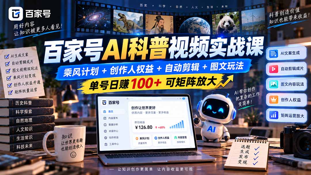 百家号AI科普视频实战课：乘风计划+创作人权益+自动剪辑+图文玩法，单号日赚100+可矩阵放大-禾谷轻创网