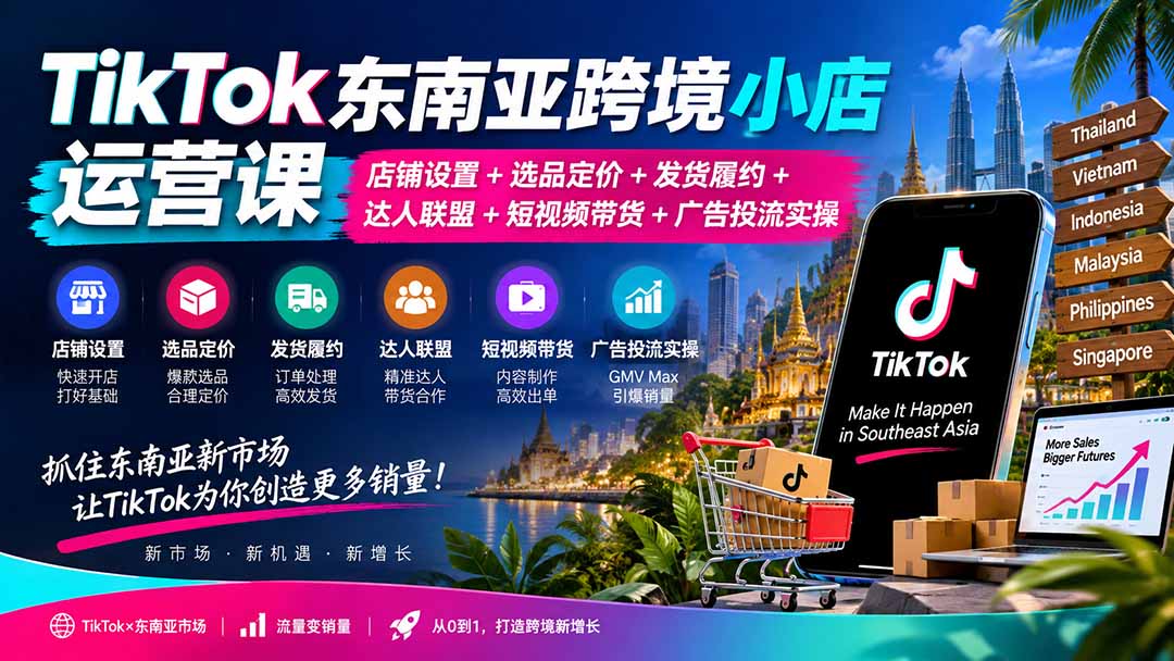 TikTok东南亚跨境小店运营课：店铺设置+选品定价+发货履约+达人联盟+短视频带货+广告投流实操-禾谷轻创网