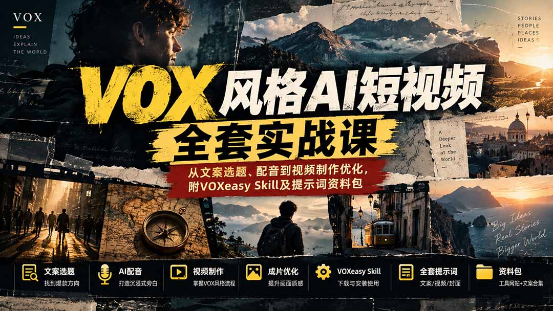 【无水印】VOX风格AI短视频全套实战课：从文案选题、配音到视频制作优化，附VOXeasy Skill及提示词资料包-禾谷轻创网