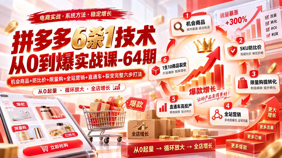 拼多多6杀1技术从0到爆实战课-64期：机会商品+防比价+限量购+全站营销+直通车+裂变完整六步打法-禾谷轻创网