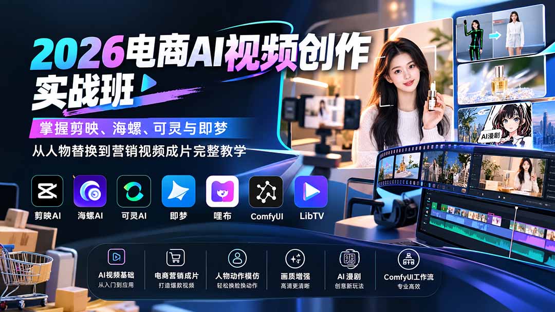 2026电商AI视频创作实战班：掌握剪映、海螺、可灵与即梦，从人物替换到营销视频成片完整教学-禾谷轻创网