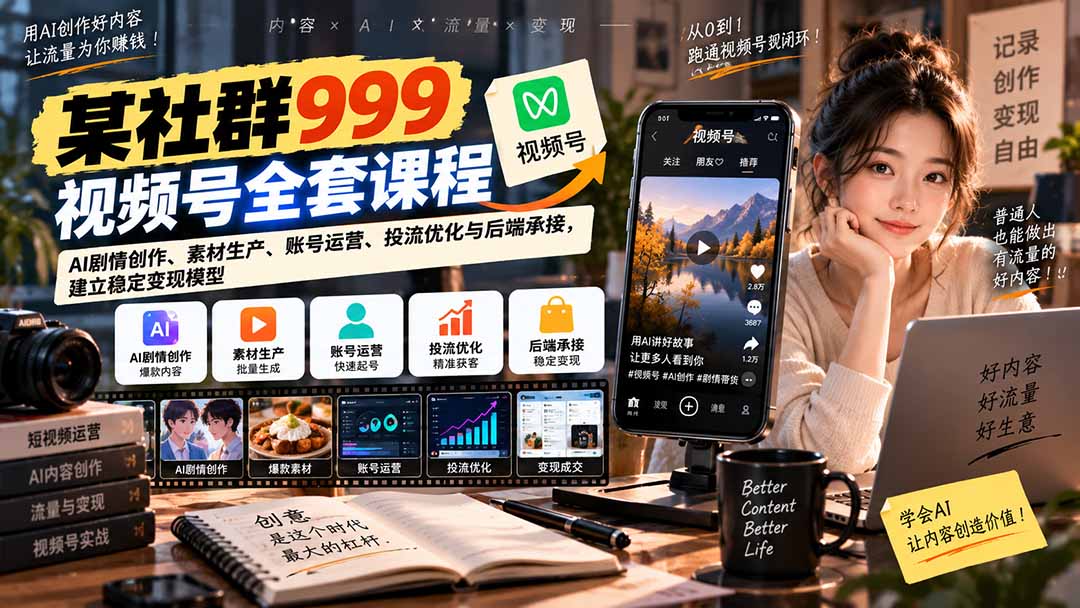 【无水印】某社群999视频号全套课程：AI剧情创作、素材生产、账号运营、投流优化与后端承接，建立稳定变现模型-禾谷轻创网