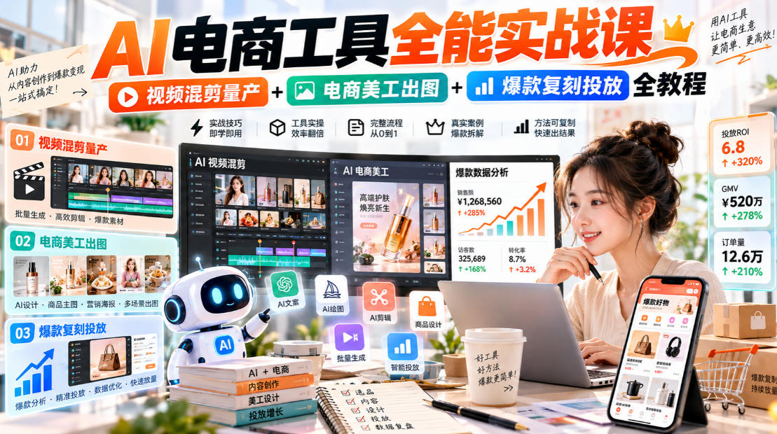 AI电商工具全能实战教学，视频混剪量产+电商美工出图+爆款复刻投放全教程​-禾谷轻创网