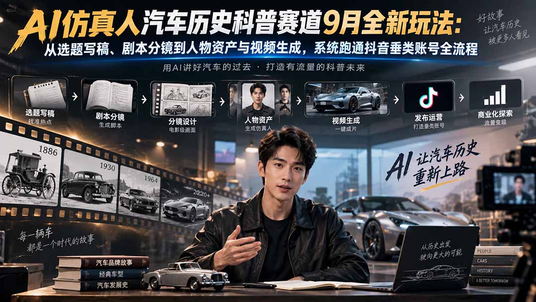 AI仿真人汽车历史科普赛道9月全新玩法：从选题写稿、剧本分镜到人物资产与视频生成，系统跑通抖音垂类账号全流程-禾谷轻创网