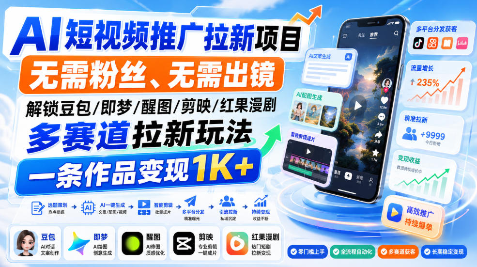 AI短视频推广拉新项目，无需粉丝、无需出镜，解锁豆包/即梦/醒图/剪映/红果漫剧多赛道拉新玩法，一条作品变现1K+(更新0918)-禾谷轻创网