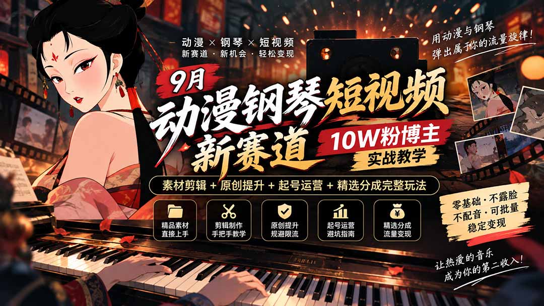 9月动漫钢琴短视频新赛道｜10W粉博主实战教学，素材剪辑+原创提升+起号运营+精选分成完整玩法-禾谷轻创网