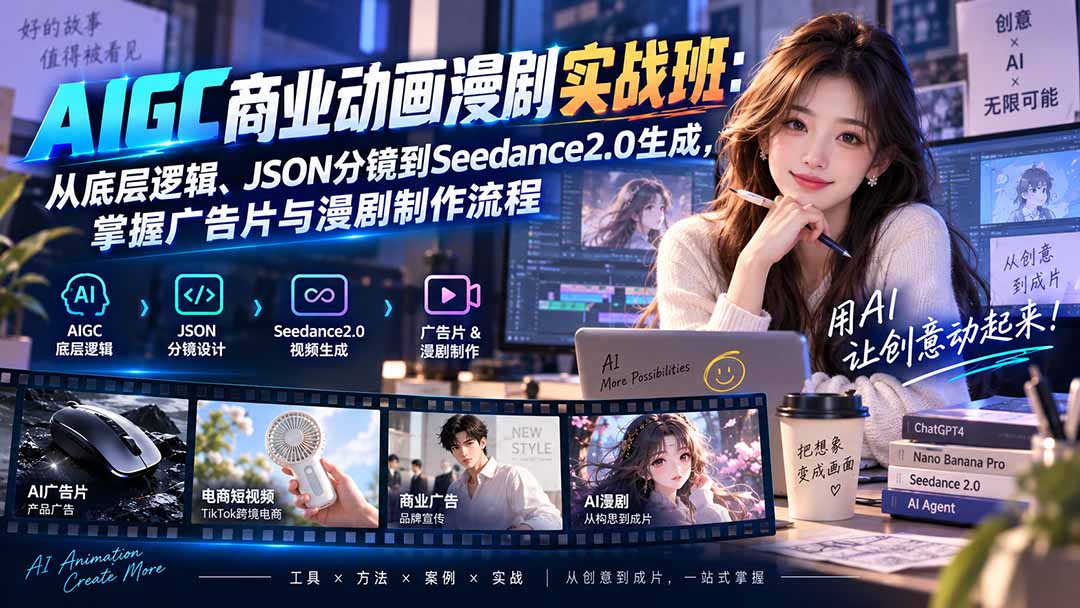 AIGC商业动画漫剧实战班-更新：从底层逻辑、JSON分镜到Seedance2.0生成，掌握广告片与漫剧制作流程-禾谷轻创网