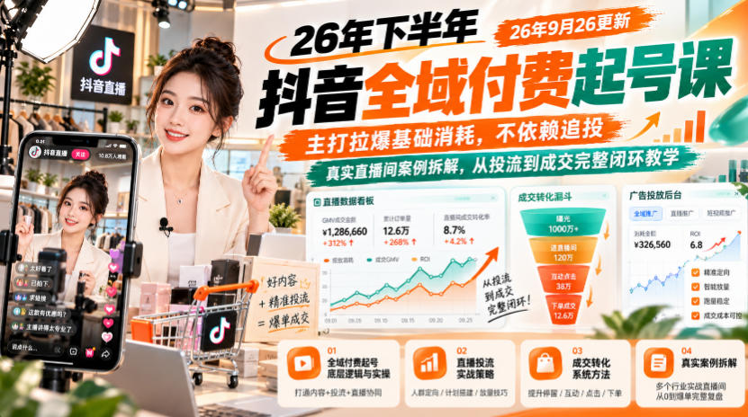 26年下半年抖音全域付费起号课26年9月26更新，主打拉爆基础消耗，不依赖追投，真实直播间案例拆解，从投流到成交完整闭环教学-禾谷轻创网