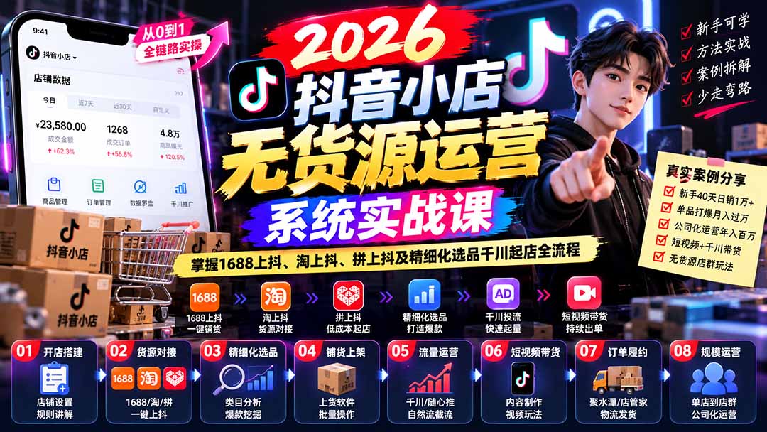 【无水印】2026抖音小店无货源运营系统实战课：掌握1688上抖、淘上抖、拼上抖及精细化选品千川起店全流程-禾谷轻创网