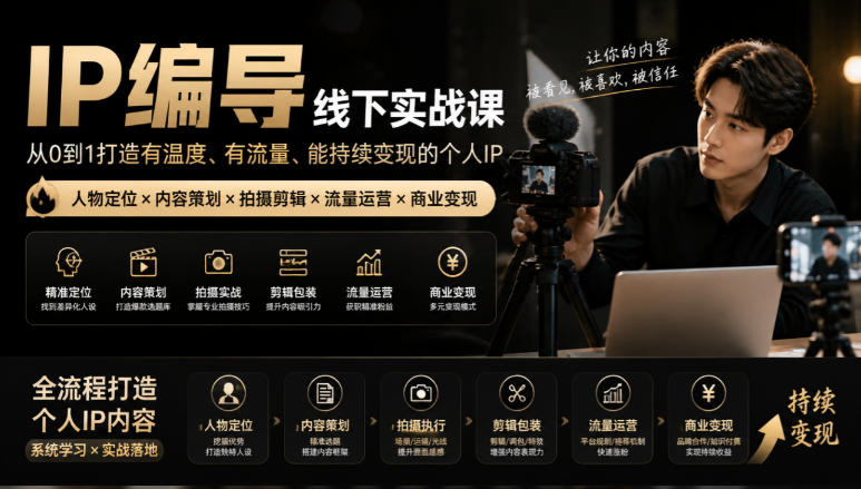 【无水印】IP编导线下实战课，从人物定位到短视频拍摄剪辑，全流程打造有温度、有流量、能持续变现的个人IP内容-禾谷轻创网