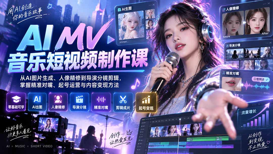 AI MV音乐短视频制作课：从AI图片生成、人像精修到导演分镜剪辑，掌握精准对嘴、起号运营与内容变现方法-禾谷轻创网