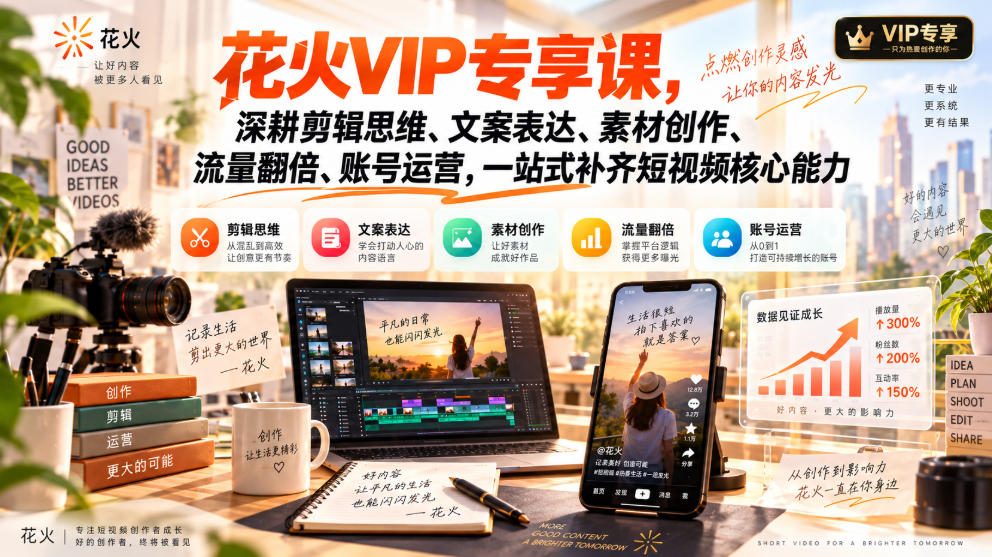 花火VIP专享课，深耕剪辑思维、文案表达、素材创作、流量翻倍、账号运营，一站式补齐短视频核心能力-禾谷轻创网